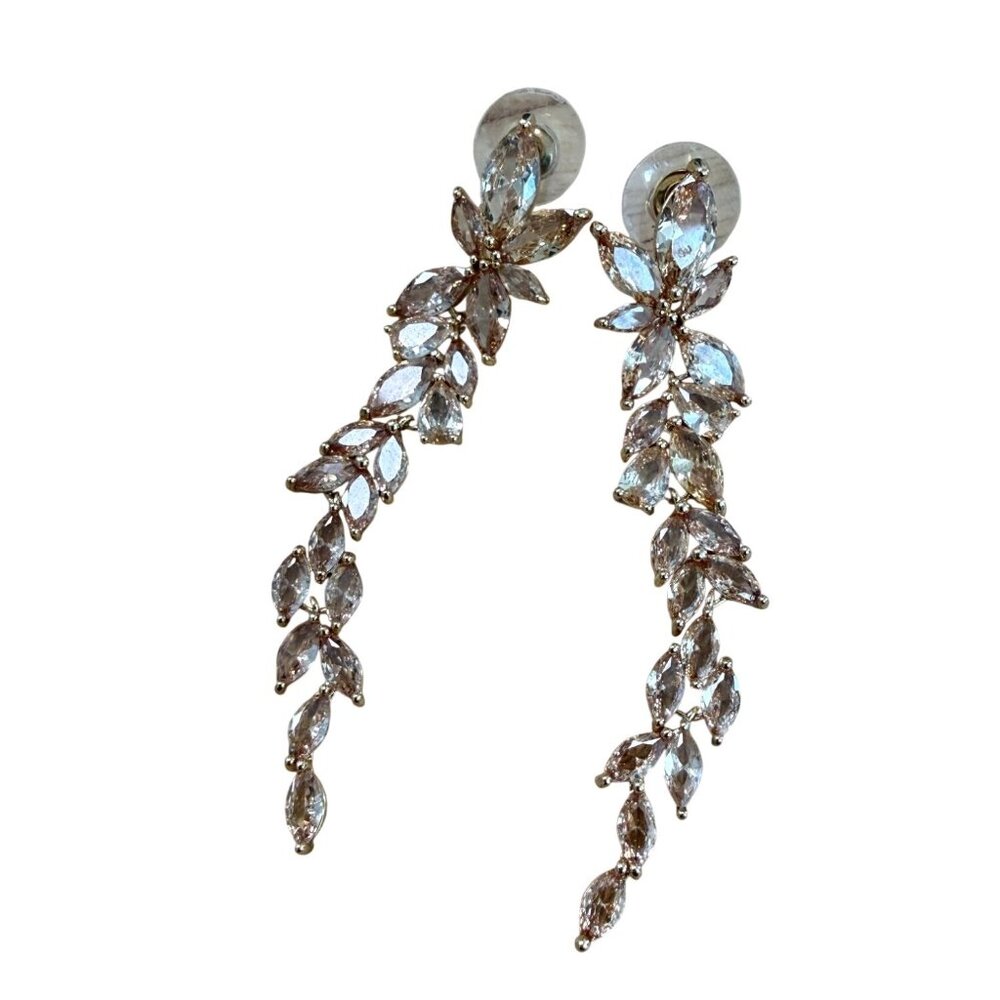 Rose Gold Crystal Leaf Dangle Earrings Long Drop Bridal‎ Jewelry Statement Prom